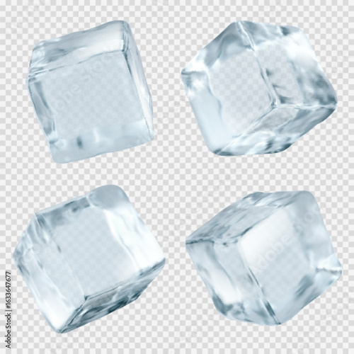 Transparent ice cubes with crystal clear surfaces and realistic frozen texture for beverage industry presentations. Melting blocks in different angles and shapes. Professional cold drink assets.