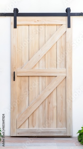 Elegant Light Wood Sliding Barn Door with Black Hardware on a Pristine White Wall, Blending Rustic Charm with Modern Home Design