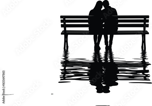 Silhouette of romantic couple on bench, peaceful outdoor reflection scene, water surface love moment, emotional relationship artwork, intimate embrace in nature, shadow illustration design.

