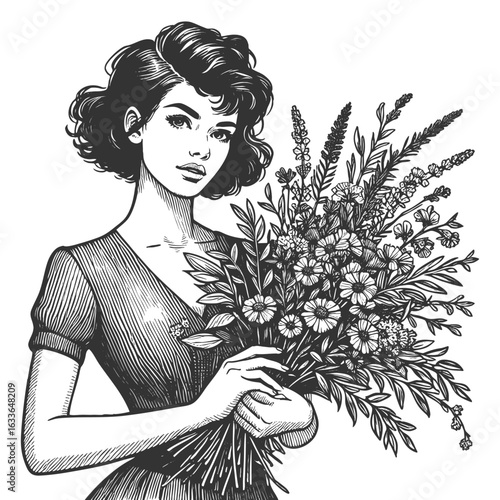 joyful woman with flowers in her hair, holding a large wildflower bouquet and smiling brightly sketch engraving generative ai fictional character vector illustration. Scratch board. Black and white.