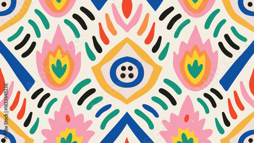 Colorful geometric pattern with floral and eye like shapes in a symmetrical arrangement design style