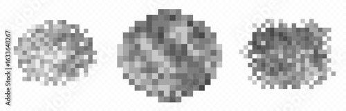Censor pixel blur effects with gray and black squares for privacy protection or content masking. Digital pixelated patterns for hiding sensitive information, faces or inappropriate material in media.