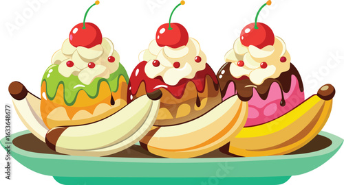 This collection of black and white images depicts illustrations of banana splits, showing the dessert with scoops of ice cream and toppings.