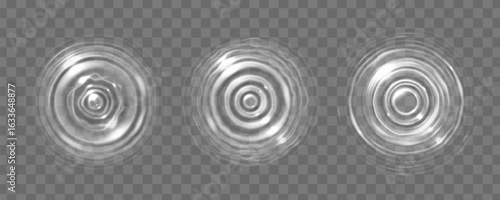 Water ripple rings from drop impact creating circular waves on transparent surface. Concentric circles spread outward with liquid motion effects for splash animation or aquatic design elements.
