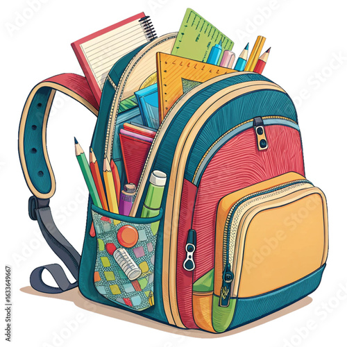 Vibrant, fully packed backpack brimming with essential school supplies and stationery, ready for learning