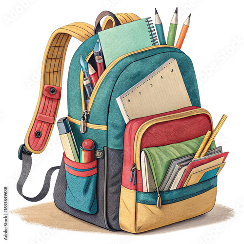 Stylish backpack brimming with colorful school supplies, ready for academic adventures