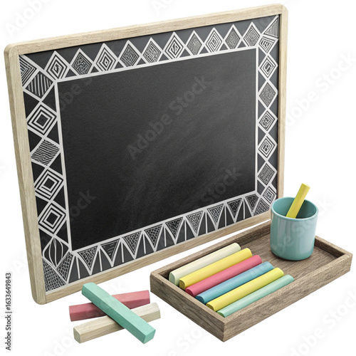 Stylish blackboard with colorful chalk and decorative border perfect for creative learning spaces