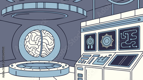 Cartoon depiction of a futuristic laboratory with a brain display and control panels visible inside the room