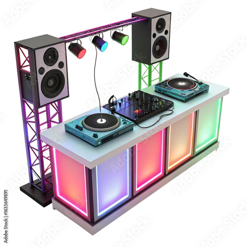 Professional DJ setup with turntables, mixer, speakers, and dynamic lighting ready for any party