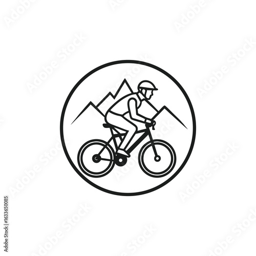 Cyclist on a bicycle with mountains in the background. Vector line art logo for outdoor adventure sport.
