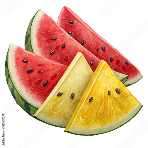 Vibrant watermelon slices, red and yellow varieties, showcasing juicy freshness and summer delight