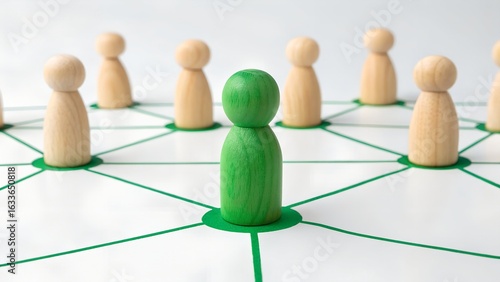 Network Leadership Concept – Centrality, Connection, and Influence Symbolism, Abstract, Business, Green Wooden Figure Linked to Others in Network Pattern
