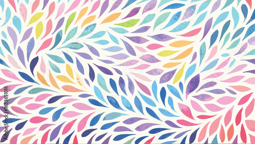 Watercolor pattern featuring a multitude of colorful petal shapes arranged in a swirling abstract design