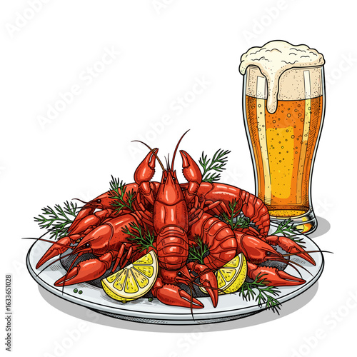 Plate of boiled red crawfish with lemon and beer on the side  