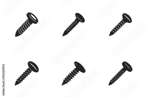Collection of six screws in black and white showcasing different thread types for various woodworking and construction applications