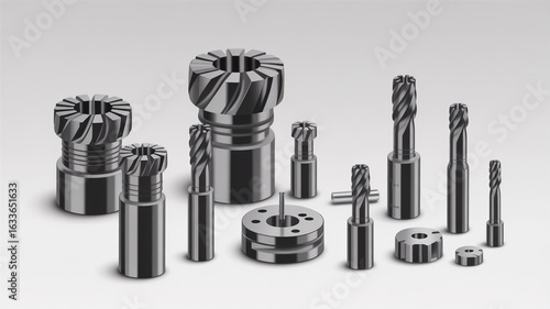 Close up of various metal cutting tools used in milling machines and industrial applications isolated on white background