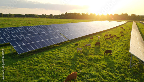 Solar power installation in green field with grazing cows under sunset sky creates serene and sustainable landscape