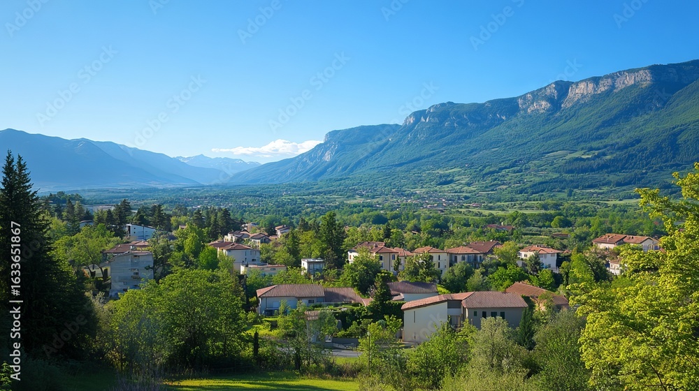 Naklejka premium Panoramic view of a village nestled in a valley, surrounded by mountains and lush greenery
