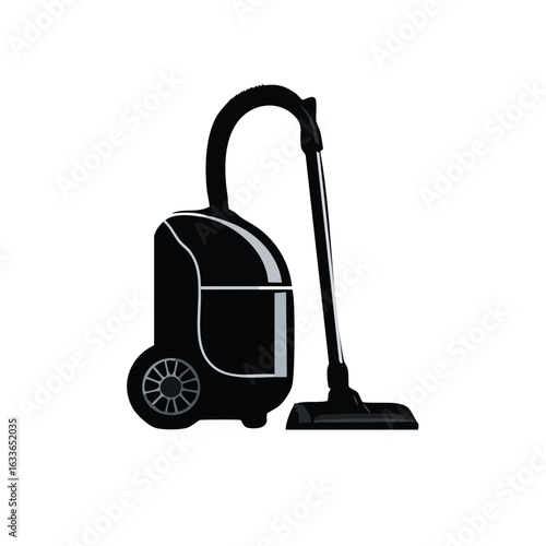 Vector illustration of a modern black vacuum cleaner. Canister style household appliance icon for cleaning, isolated on white background.