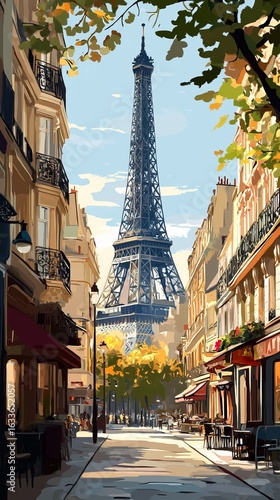 Parisian street scene with Eiffel Tower