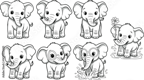 Set of adorable cartoon baby elephants in playful poses, black and white outline vector illustration, cute animal characters for children