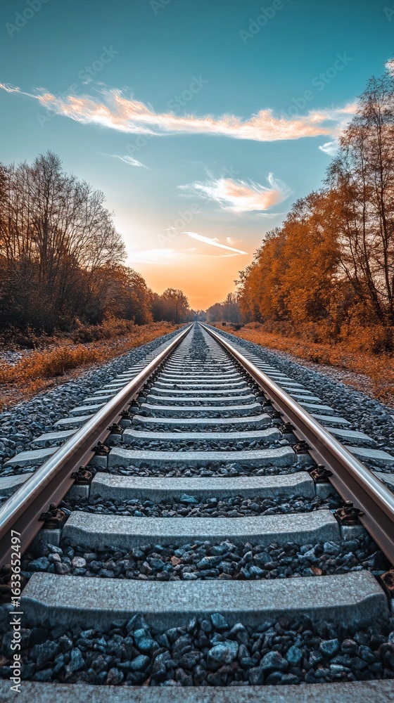 Fototapeta premium Railroad tracks stretching into a colorful autumnal sunset