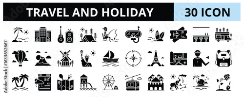 30 Travel and Holiday Glyph Icons Vector - Beach, Hotel, Summer Camp, Caravan, Island, Waterpark  