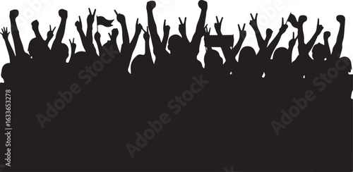 Silhouette illustration of a large crowd of people with their hands raised in the air, ideal for event themes