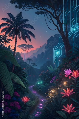 Mystical Neon Jungle Path with Futuristic Glowing Plants