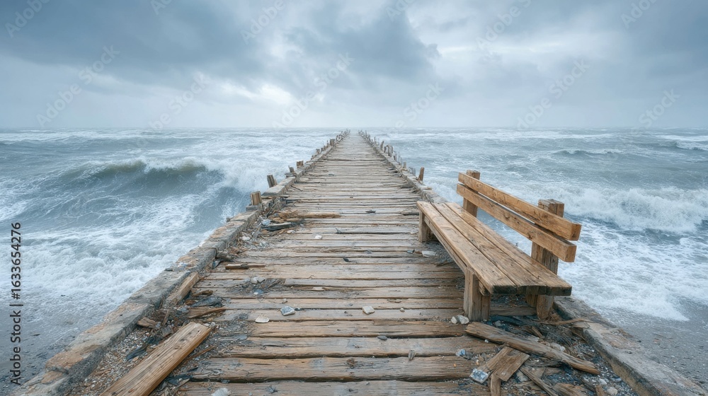 Fototapeta premium Coastal Damage After a Severe Storm or Hurricane with a Broken Boardwalk