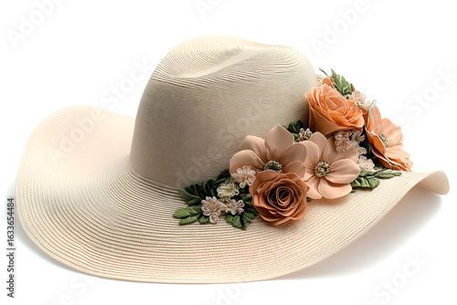 An elegant off-white wide-brimmed sun hat adorned with beautiful peach and pink artificial flowers.