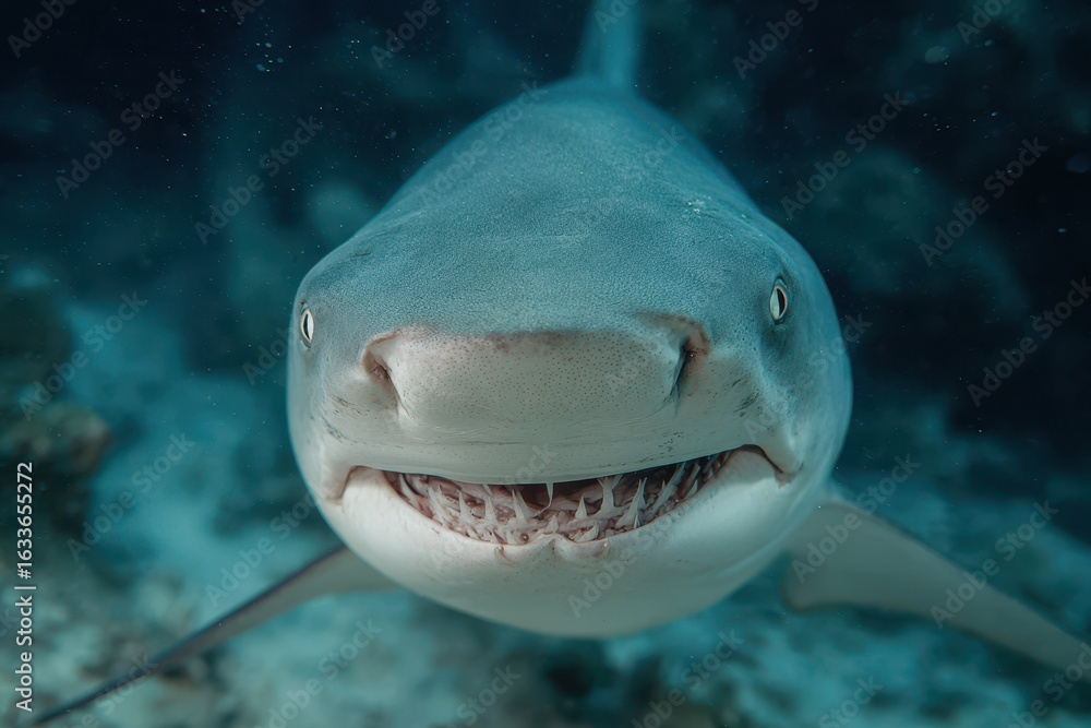 Naklejka premium Shark tries awkward smile underwater while exploring coral reefs in a tropical setting, showcasing unique marine life and vibrant ocean colors