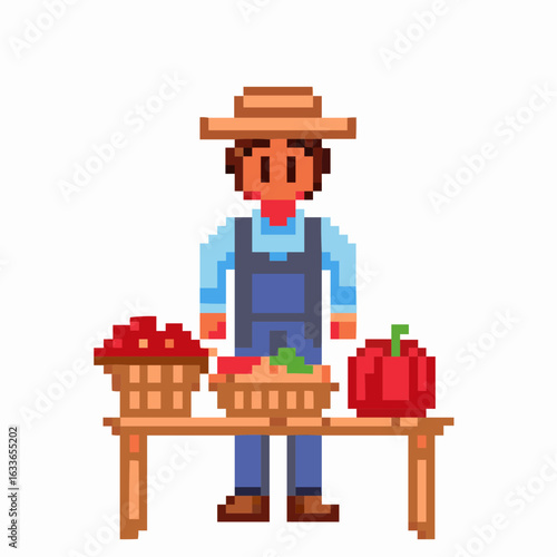 a farmer is standing behind a table with baskets of harvested red vegetables, including peppers and a large apple.