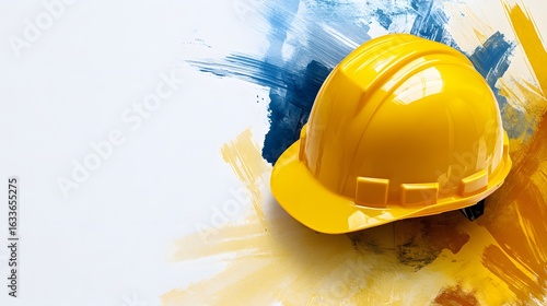 Yellow Hard Hat with Blue and Gold Paint Splatter Background