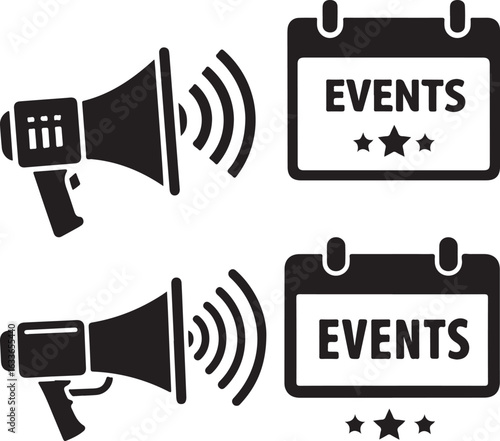 Events announcements illustration with bullhorn and calendar icon, vector design in black and white