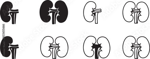 Eight kidney icons in black and white with solid fill and outline variations organ anatomy