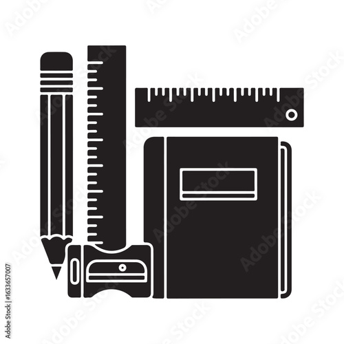 Black silhouette of school supplies on white background