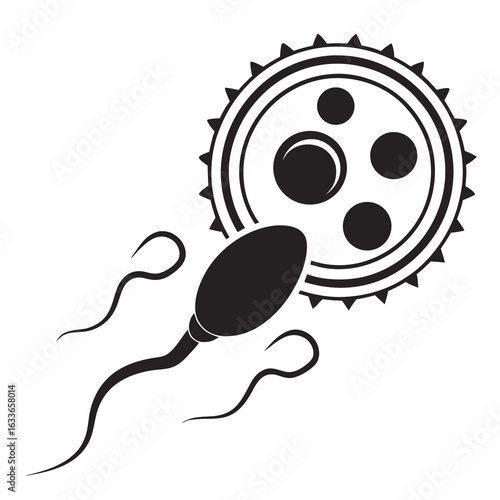 A black and white graphic illustration of a sperm cell approaching an ovum for fertilization.