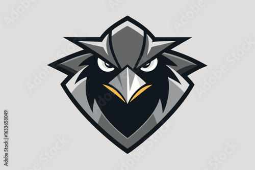 Fierce gray hawk presents an imposing, stylized visage featuring a striking geometric head and determined gaze