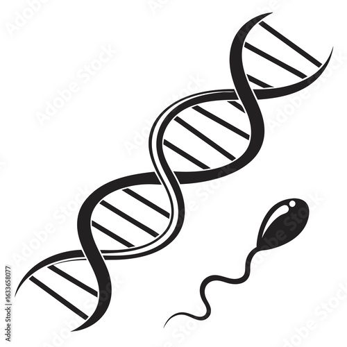 Black and white illustration of a DNA double helix and a sperm cell.