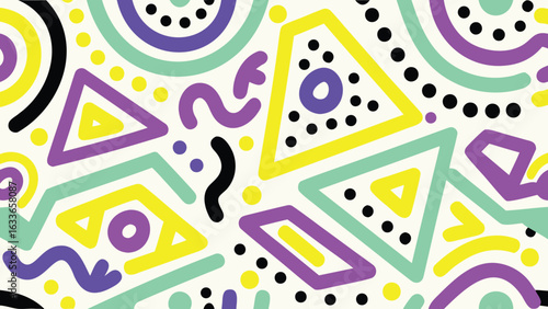Vibrant geometric pattern with triangles circles and squiggles in yellow purple black and teal colors