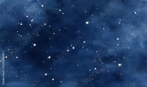 A dark navy blue background with white stars and constellations, a vintage look, painted on paper with a grunge texture.