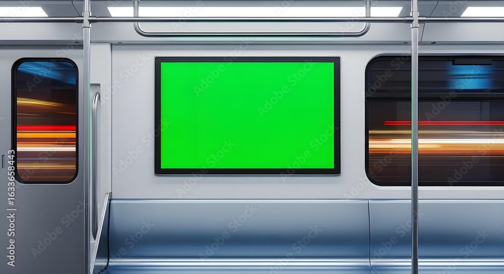 Obraz premium Interior view of a modern train carriage with a blank green screen display and motion blur from the windows.