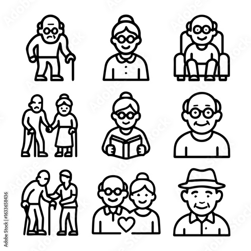 Diverse Line Art Icons Depicting Senior Citizens in Various Activities and States.