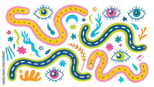 Colorful snakes and eyes with stars and moons in a whimsical abstract composition on a white background