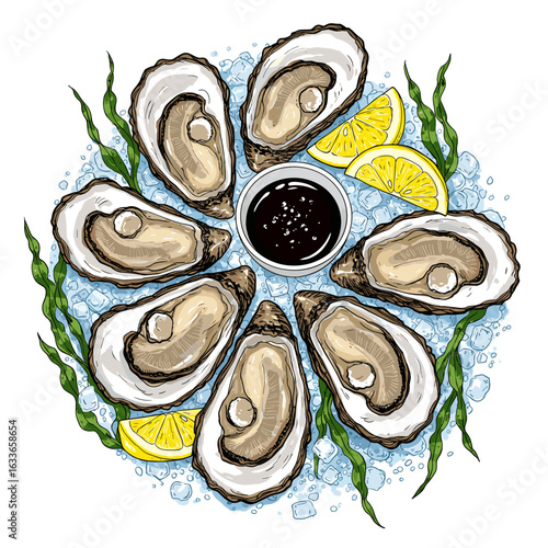 Fresh oysters served with lemon wedges and dipping sauce  