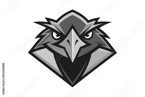 A monochrome hawk head stares intently from a diamondshaped badge with sharp details
