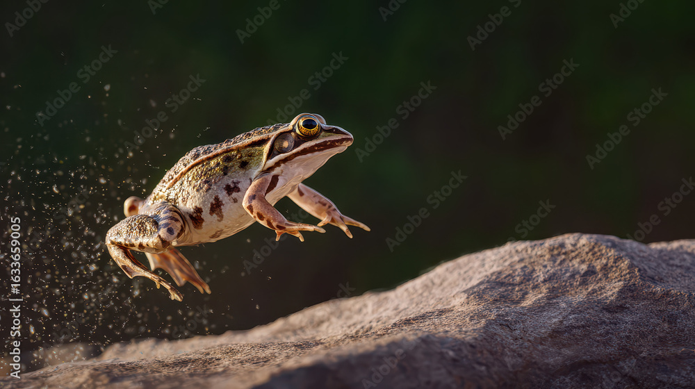Obraz premium Frog Jumping from a Rock Natural Light Clean Background Wildlife Photography