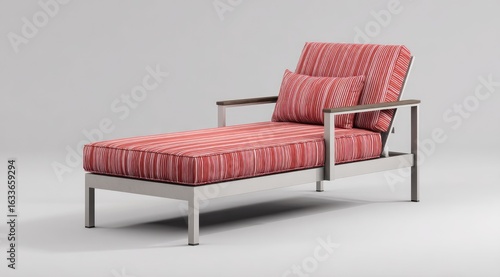 White metal chaise lounge with coral striped fabric cushions