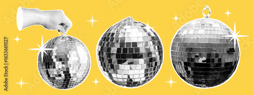 Grunge disco ball halftone collage set. Pop art style. Punk y2k design elements